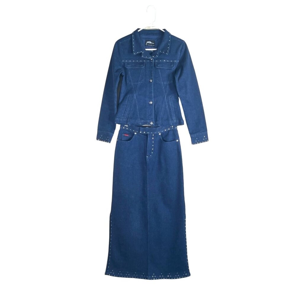 Vintage FUBU 2-Piece Set Women's Stretch Denim Jacket + Maxi Skirt Rhinestones